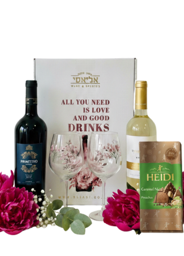 מארז יין וכוסות לחג- פרימיטיבו ושרדונה